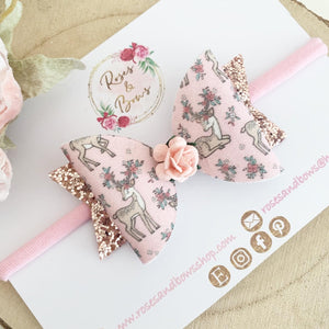 Pink reindeer Glitter Hair Bow Headband or Clip