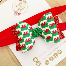 Load image into Gallery viewer, Welsh Flag St David’s Day Leatherette and Glitter Bow Headband or Clip
