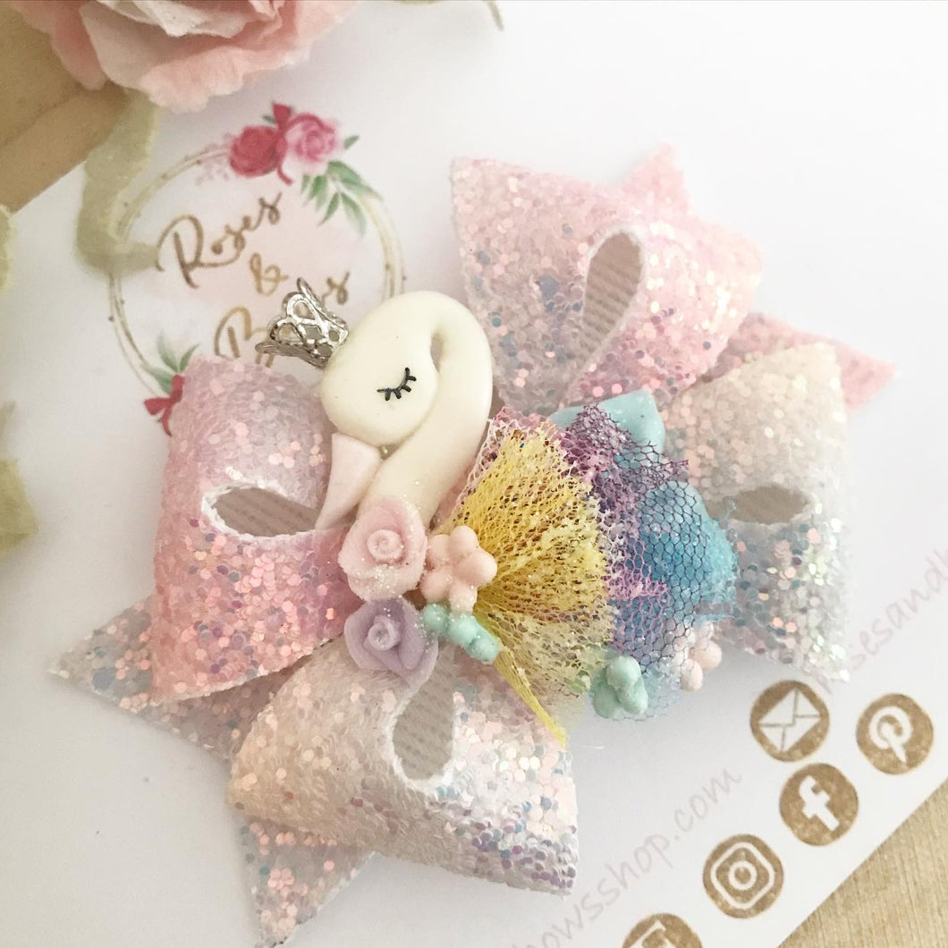 Swan Rainbow Glitter Bow Headband or Clip