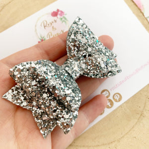 Silver Glitter Hair Bow - Glitter Hair Bow Hair Clip or Headband