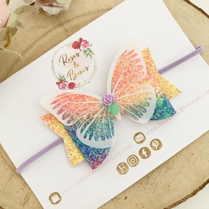 Bright Rainbow Glitter Butterfly Bow Headband or Clip