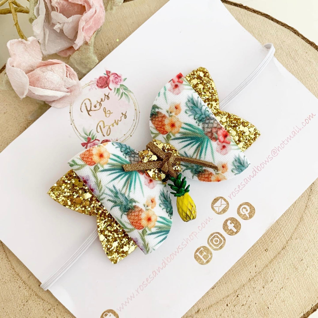 Tropical Pineapple Glitter Bow Headband or Clip