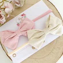Load image into Gallery viewer, Pink and Cream Cotton Hair Bow Headband or Clip set of 2
