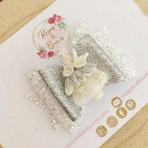 White and Silver Christmas Tree Hair Bow Clip or Headband