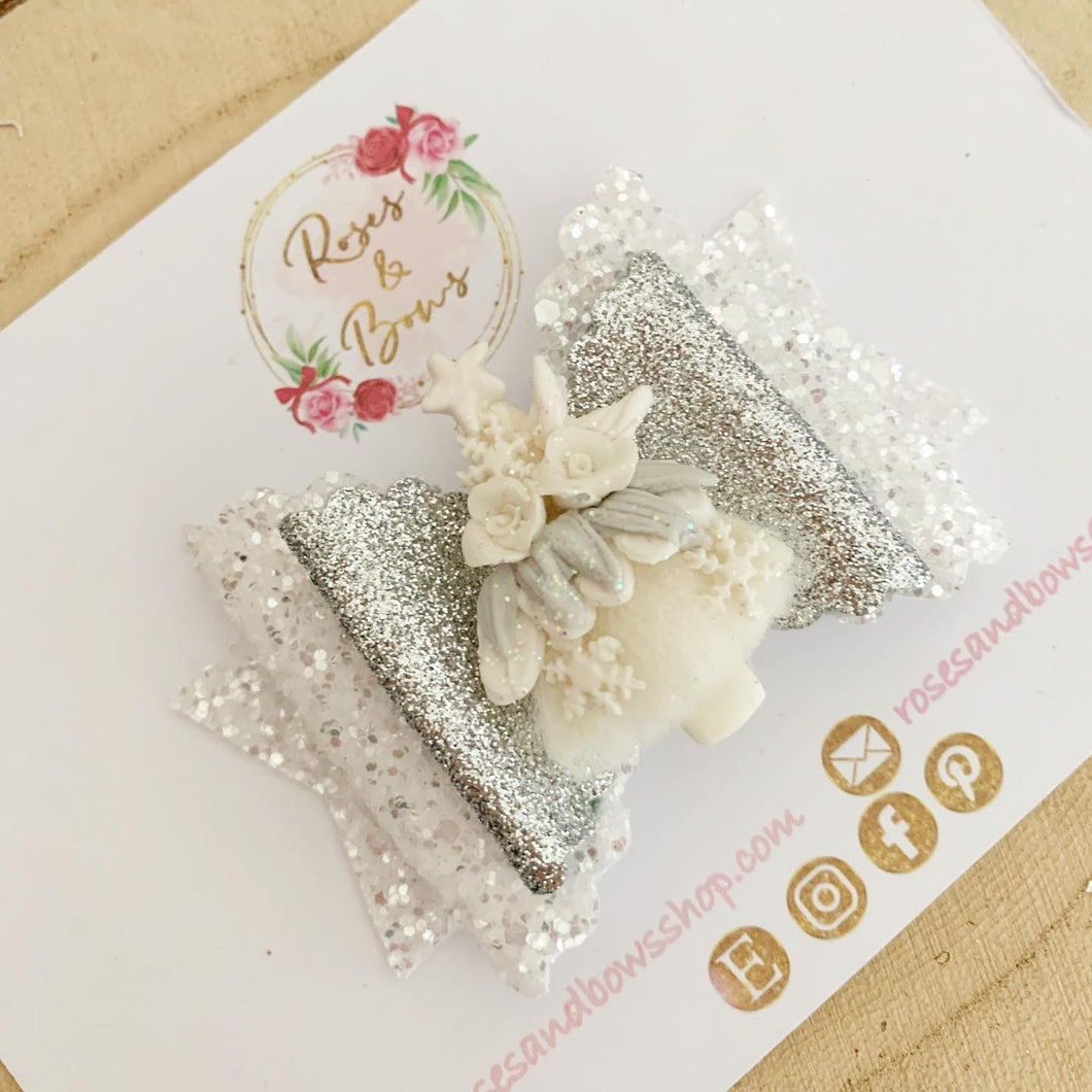 White and Silver Christmas Tree Hair Bow Clip or Headband