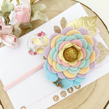 Load image into Gallery viewer, Felt flower clip or headband - rainbow and gold flower headband
