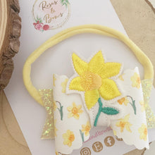 Load image into Gallery viewer, Daffodil embroidered Felt Leatherette and Glitter Bow Headband or Clip
