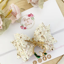 Load image into Gallery viewer, Easter Bunny Gold and White Charm Glitter Bow Headband or Clip
