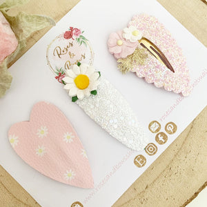 Pink daisy heart glitter and leatherette scalloped snap clip set