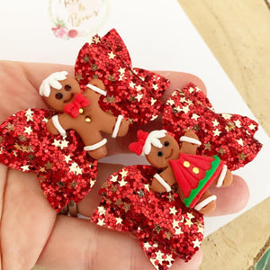 Gingerbread piggy pigtail bows - clip set - Christmas glitter bows