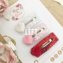 Load image into Gallery viewer, Valentine’s glitter and velvet heart scalloped snap clip set
