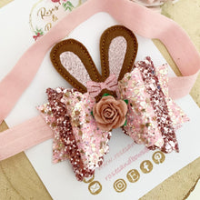 Load image into Gallery viewer, Bunny Ears Glitter Hair Bow Headband or Clip - Pink Sequin Bunny Rabbit Ears Hair Bow
