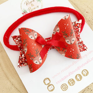 Red reindeer Hair Bow Headband or Clip