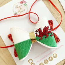 Load image into Gallery viewer, Welsh Flag St David’s Day Embroidered Leatherette and Glitter Bow Headband or Clip
