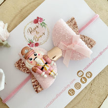 Load image into Gallery viewer, Christmas nutcracker Pink and Rose Gold Hair Bow Clip or Headband
