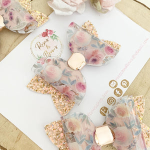 Blush and Rose Gold Transparent and Glitter Floral Hair Bow Clip or Headband