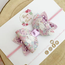 Load image into Gallery viewer, Floral Bunny Glitter Hair Bow Headband or Clip - Pink Sequin Bunny Rabbit Ears Hair Bow
