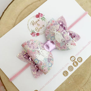 Floral Bunny Glitter Hair Bow Headband or Clip - Pink Sequin Bunny Rabbit Ears Hair Bow