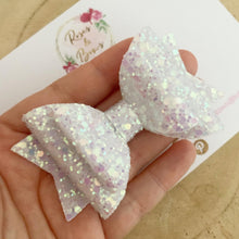 Load image into Gallery viewer, Iridescent White Glitter Hair Bow - Glitter Hair Bow Hair Clip or Headband
