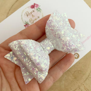 Iridescent White Glitter Hair Bow - Glitter Hair Bow Hair Clip or Headband