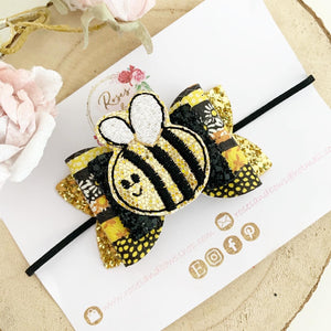 Bee Hair Bow Headband or Clip - black and Gold Glitter Hair Bow