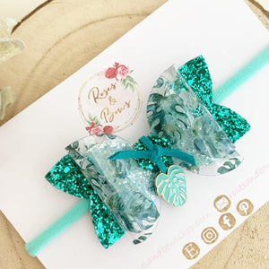 Tropical Leaf Glitter Hair Bow Headband or Clip