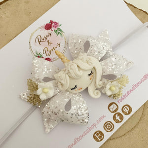 Winter Unicorn Hair Bow Headband or Clip