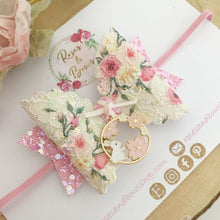 Load image into Gallery viewer, Easter Bunny Floral Charm Glitter Bow Headband or Clip
