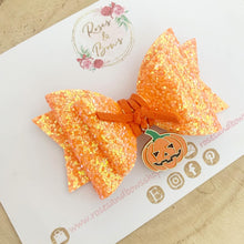 Load image into Gallery viewer, Orange Pumpkin Glitter Hair Bow Headband or Clip
