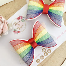 Load image into Gallery viewer, Bright Rainbow Embroidered Leatherette and Glitter Bow Headband or Clip
