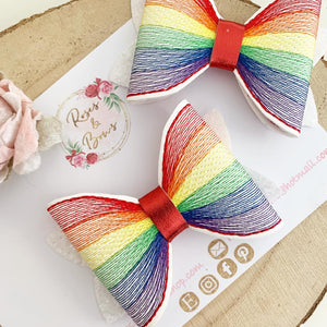 Bright Rainbow Embroidered Leatherette and Glitter Bow Headband or Clip