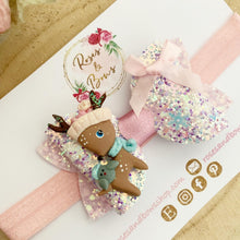 Load image into Gallery viewer, Pink Christmas reindeer Hair Bow Headband or Clip
