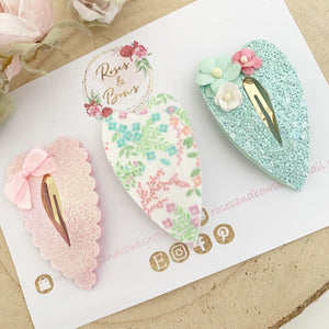 flower glitter heart scalloped snap clip set