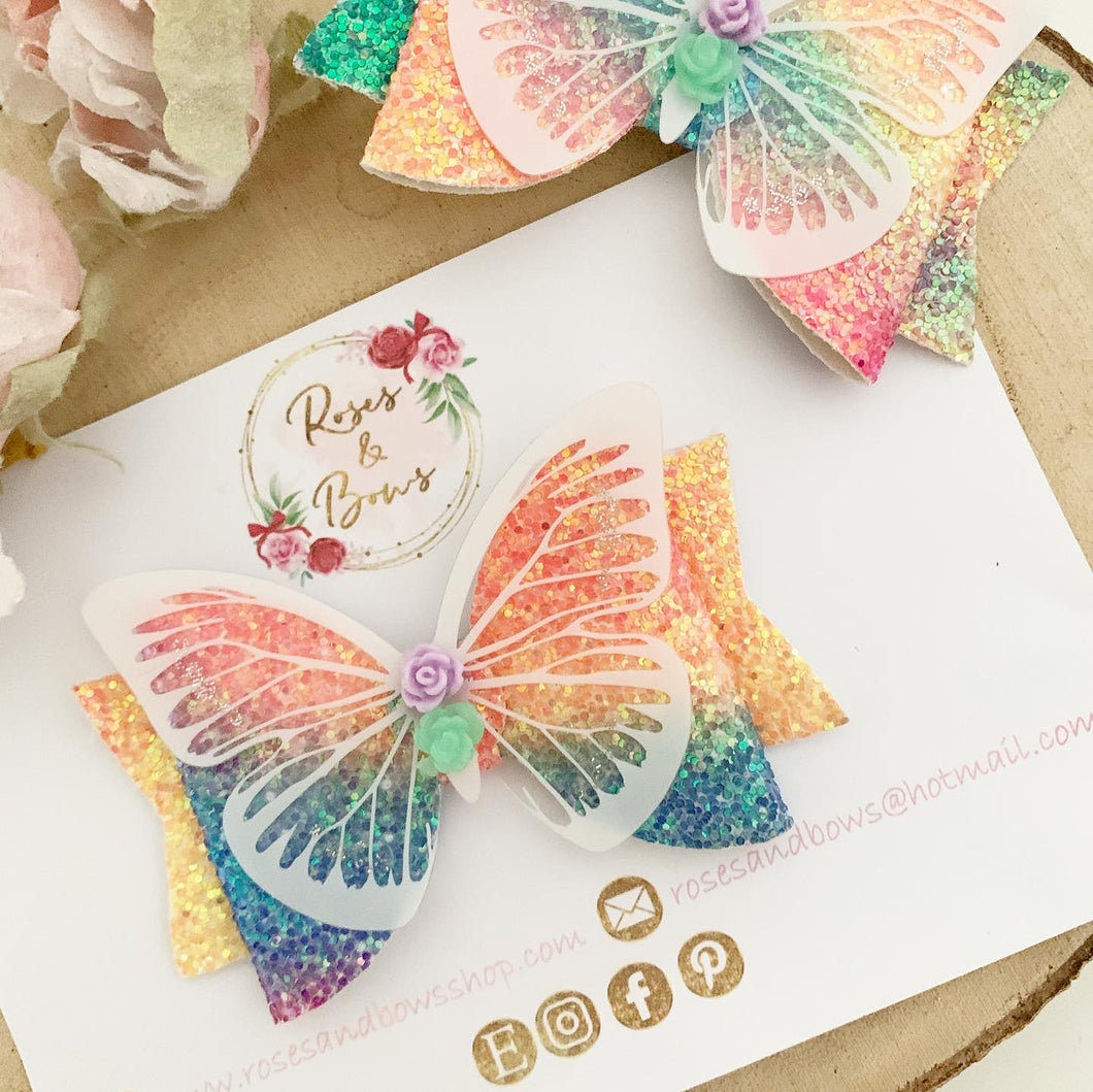 Bright Rainbow Glitter Butterfly Bow Headband or Clip