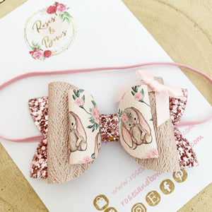 Pink Blush Bunny Glitter Hair Bow Headband or Clip - Pink Sequin Bunny Rabbit Ears Hair Bow
