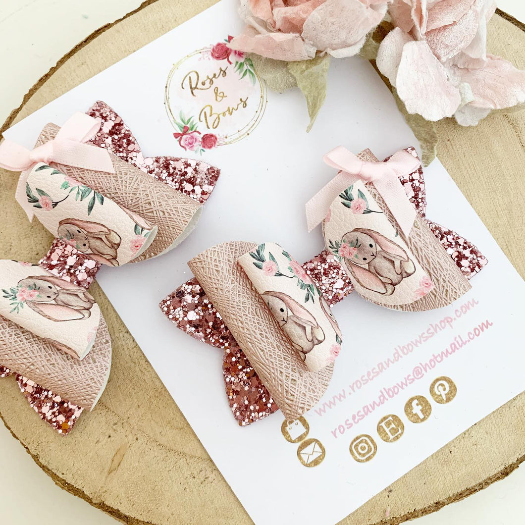 Pink Blush Bunny Glitter Hair Bow Headband or Clip - Pink Sequin Bunny Rabbit Ears Hair Bow