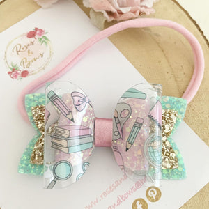 School Transparent Glitter Bow Headband or Clip