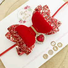 Load image into Gallery viewer, Red Glitter and Velvet Heart Charm Valentine’s Day Hair Bow Headband or Clip
