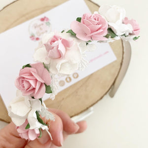 Pink and white flower crown headband