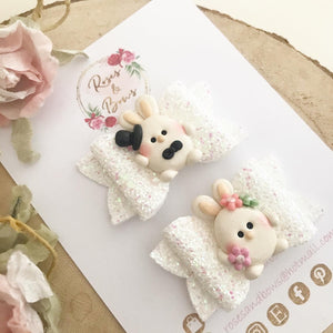 Mr and Mrs Bunny piggy bows - clip set - easter glitter bows
