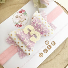 Load image into Gallery viewer, Pink and Gold Birthday Number Hair Bow Headband or clip
