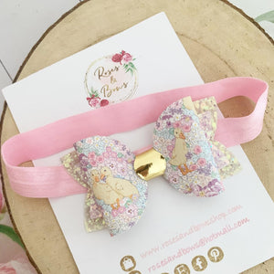 Floral Duck Glitter Hair Bow Headband or Clip - Pink Sequin Bunny Rabbit Ears Hair Bow