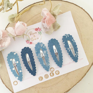 Blue denim scalloped snap clip set