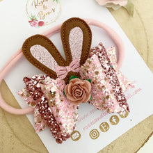 Load image into Gallery viewer, Bunny Ears Glitter Hair Bow Headband or Clip - Pink Sequin Bunny Rabbit Ears Hair Bow
