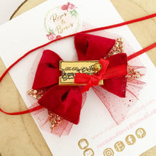 Load image into Gallery viewer, Christmas Believe Train Ticket Glitter and Tulle Hair Bow Headband or Clip
