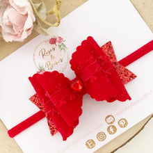 Load image into Gallery viewer, Felt and Glitter Heart Valentine’s Hair Bow Headband or Clip
