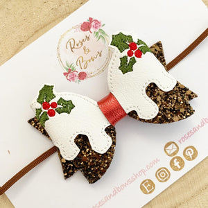 Christmas Pudding Glitter Bow Headband or Clip