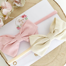 Load image into Gallery viewer, Pink and Cream Cotton Hair Bow Headband or Clip set of 2
