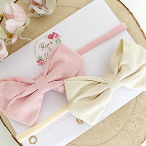 Pink and Cream Cotton Hair Bow Headband or Clip set of 2