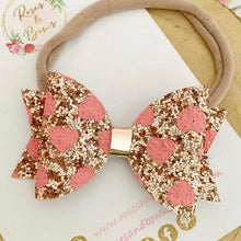 Load image into Gallery viewer, Rose gold and pink heart Valentines Valentine’s Day hair Bow Headband or Clip
